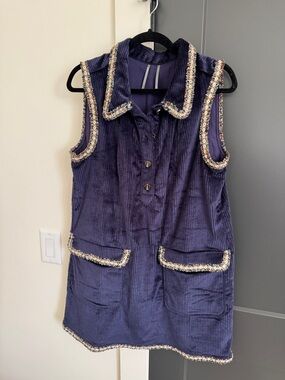 Anthropologie Navy Corduroy Sleeveless Dress with Embellished Trim
